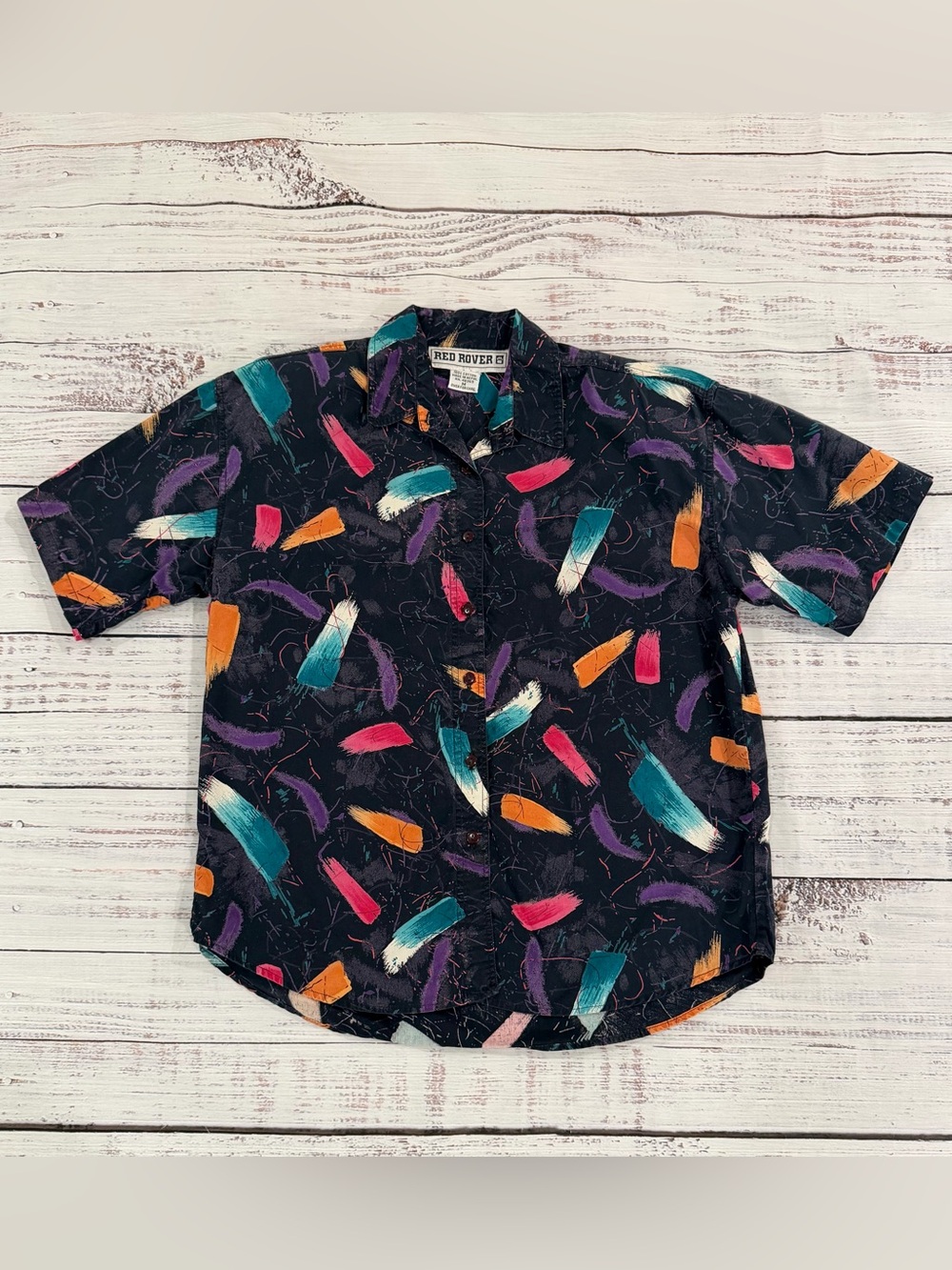 VTG Red Rover Women M. Abstract Brushstroke Camp Shirt Shoulder Pad 90s Made USA